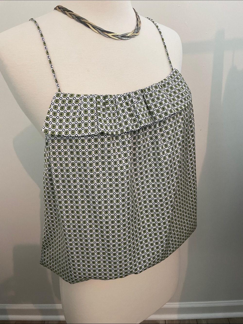 J. Crew Green and White Geo Print Spaghetti Strap Cami
